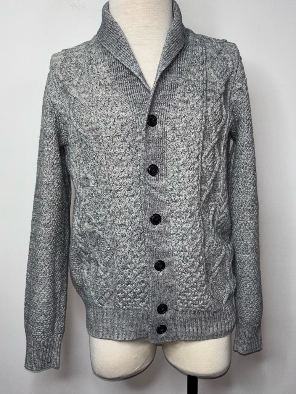Gap Mens Shawl Collar Cable Knit Gray Button Cardigan Sweater Fisherman M Tall 8